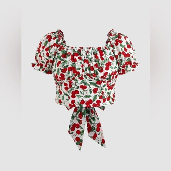 Cider Tops - CIDER CHERRY BOW SHORT SLEEVE BLOUSE